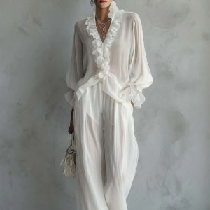Lace Long Sleeve Wide-Leg Two-Piece Set