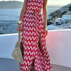 Printed Halter Slit Resort Midi Dress