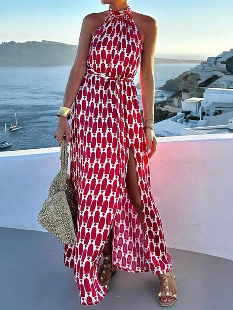 Printed Halter Slit Resort Midi Dress