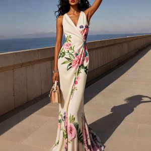 Printed Floral Satin Elegant Maxi Dress