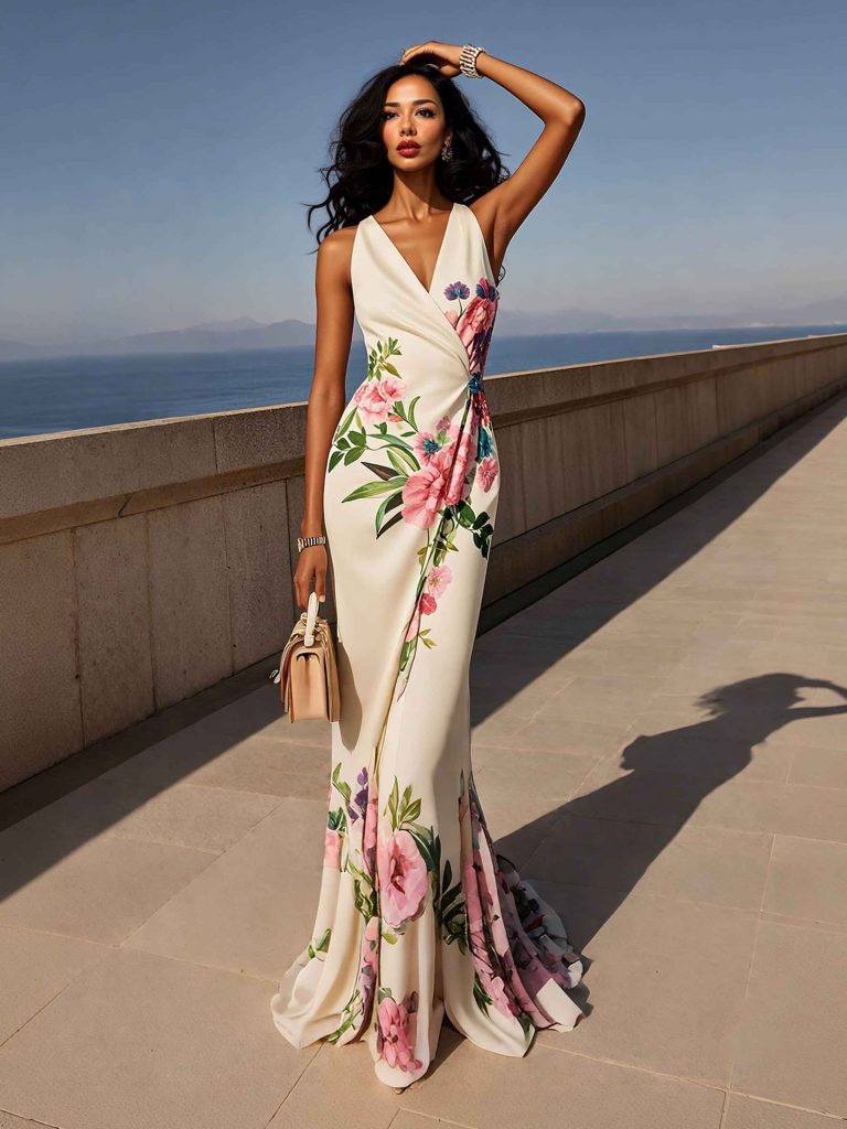 Printed Floral Satin Elegant Maxi Dress