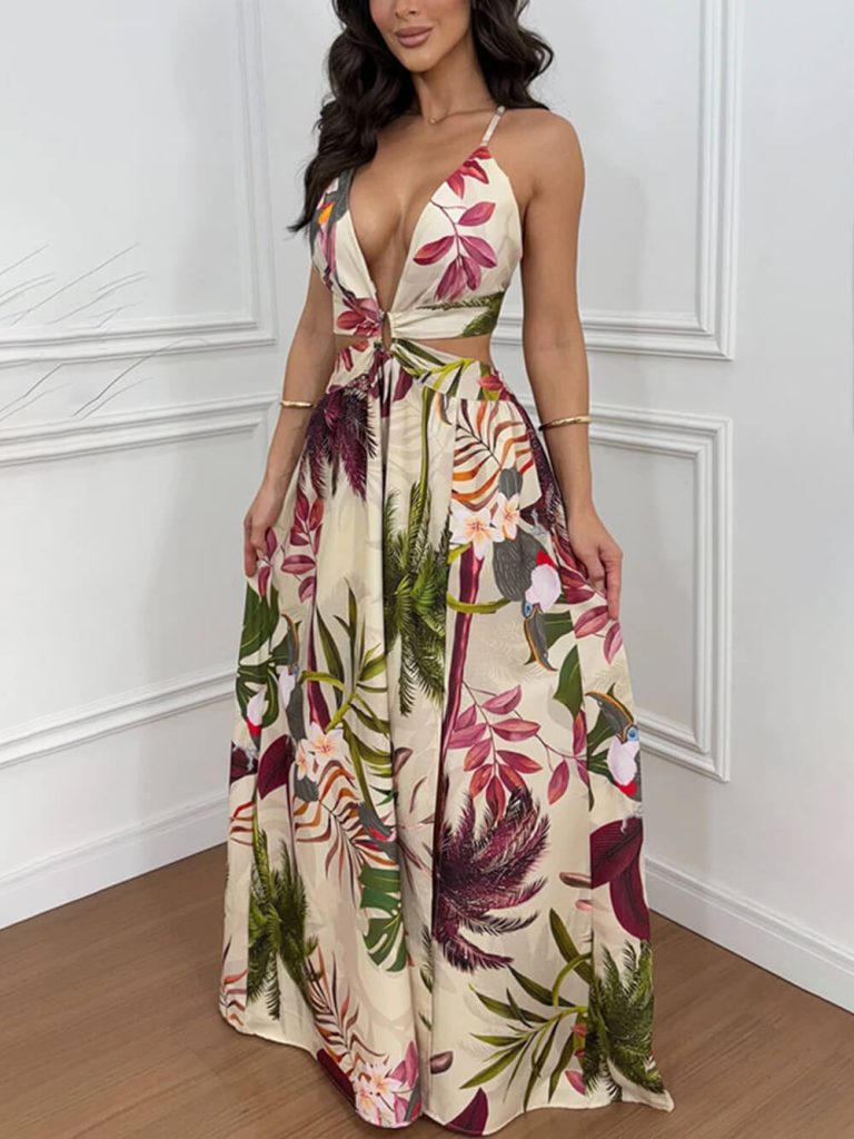 Printed Backless Slit Maxi Dress